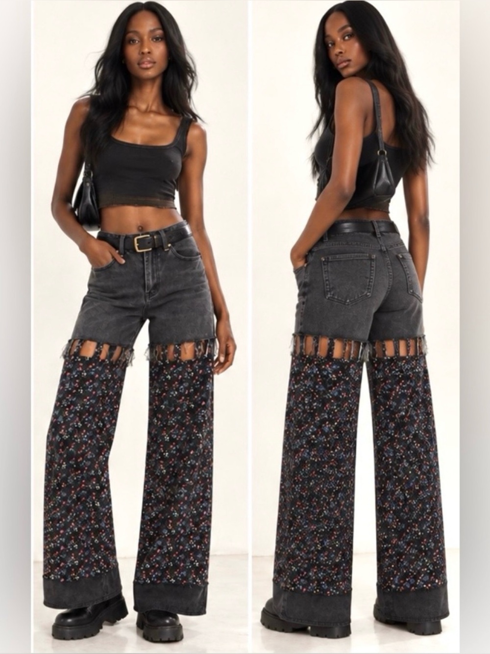 Upcycled Denim & Organic Cotton Patchwork Pants | Floral Wide Leg Jeans S